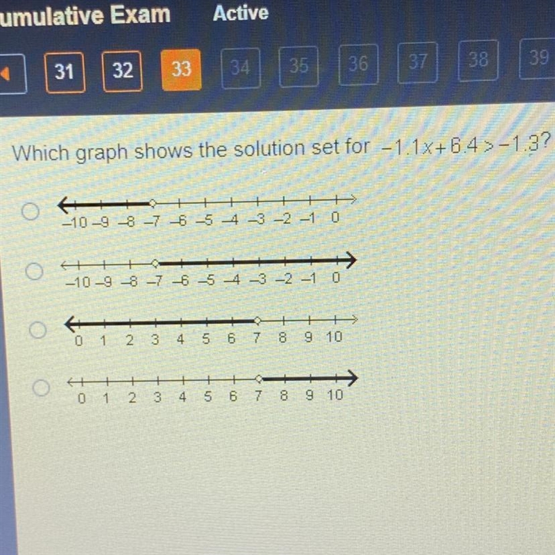 Which graph shows the solution set for -1.1x+6.4>-1.3-example-1