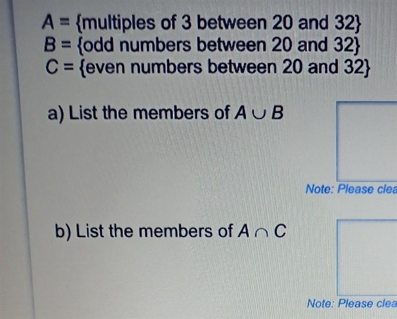 A = {multiples of 3 between 20 and 32} B = {odd numbers between 20 and 32} C = {even-example-1