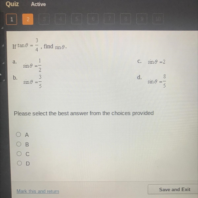 If tan0 = 3/4, find sin0-example-1