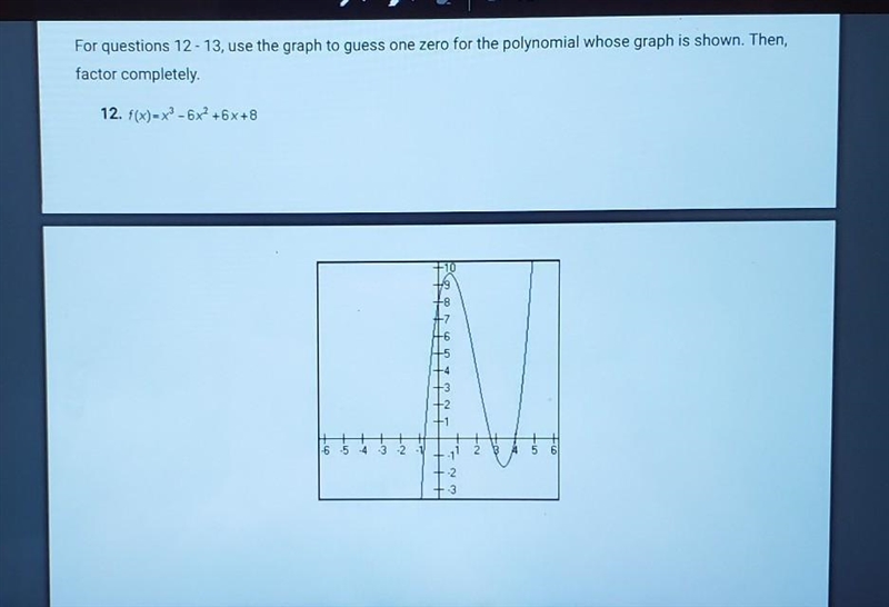 For question 12, use the graph to guess one zero for the polynomial whose graph is-example-1