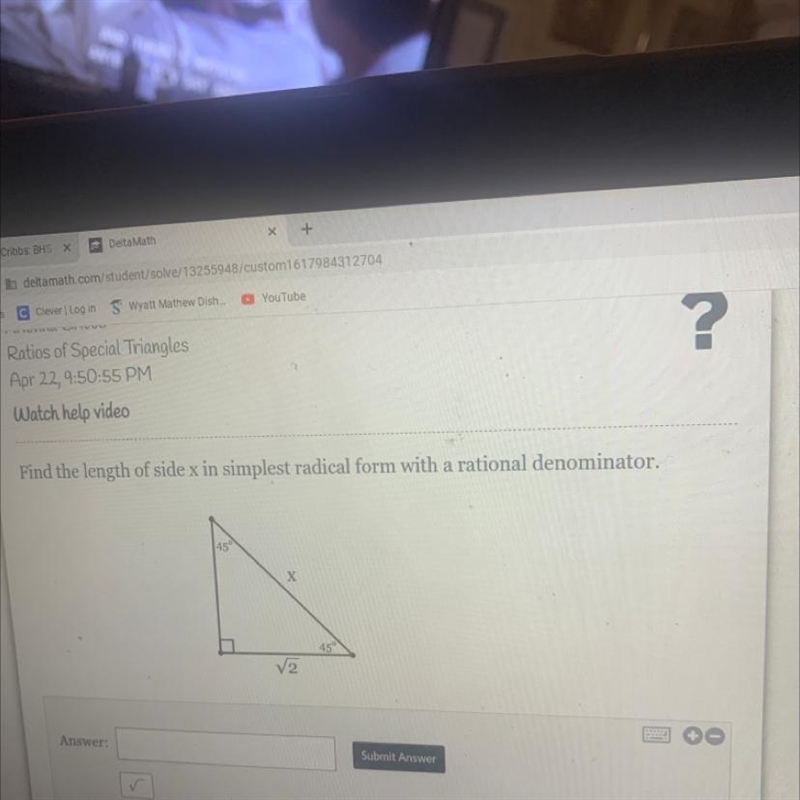 Find the length of side x in simplest radical form with a rational denominator.-example-1