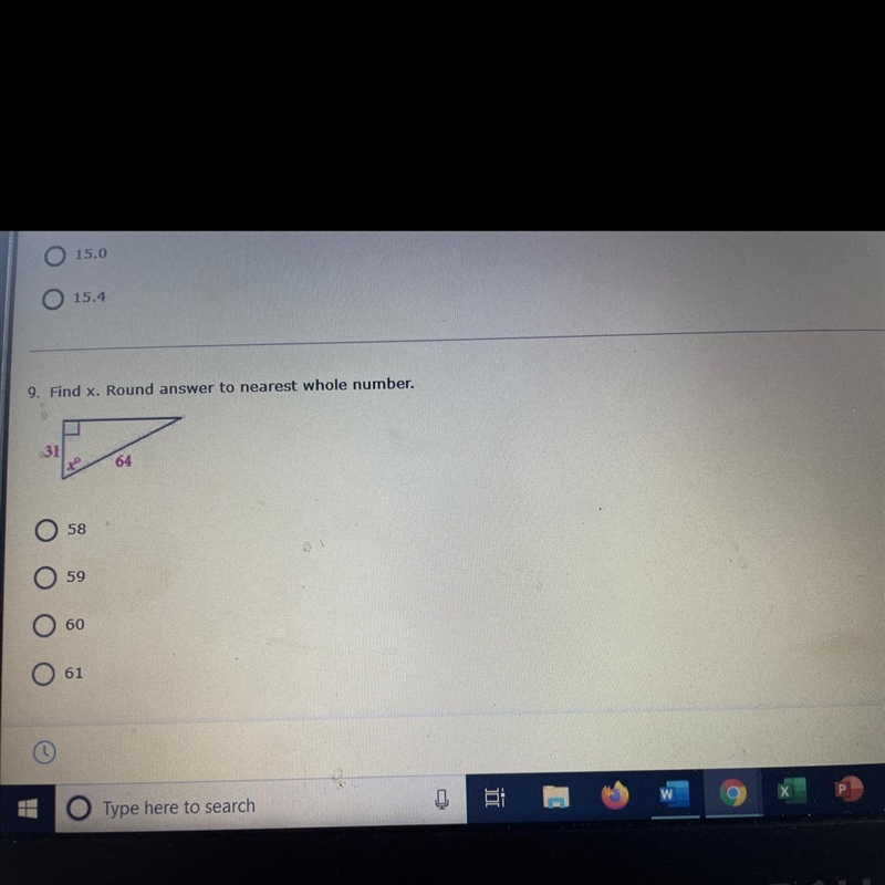 9. Find x. Round answer to nearest whole number. A) 58 B) 59 C) 60 D) 61-example-1