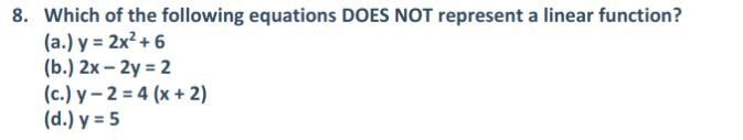(a.) y = 2x2 + 6 (b.) 2x – 2y = 2 (c.) y – 2 = 4 (x + 2) (d.) y = 5-example-1