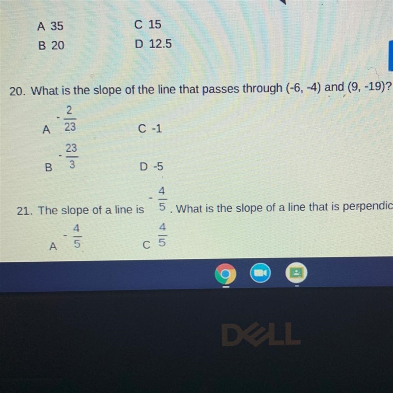 20. What is the slope of the line that passes through (-6, -4) and (9, -19)?-example-1