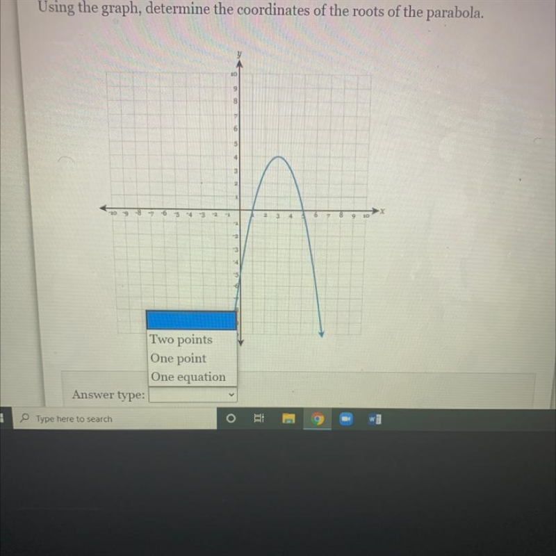 Using the graph, determine the coordinates of the roots of the parabola-example-1