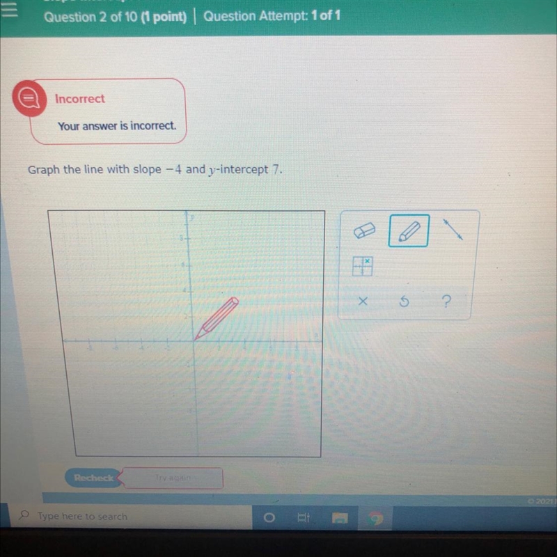 Graph the line with slope -4 and y-intercept 7.-example-1