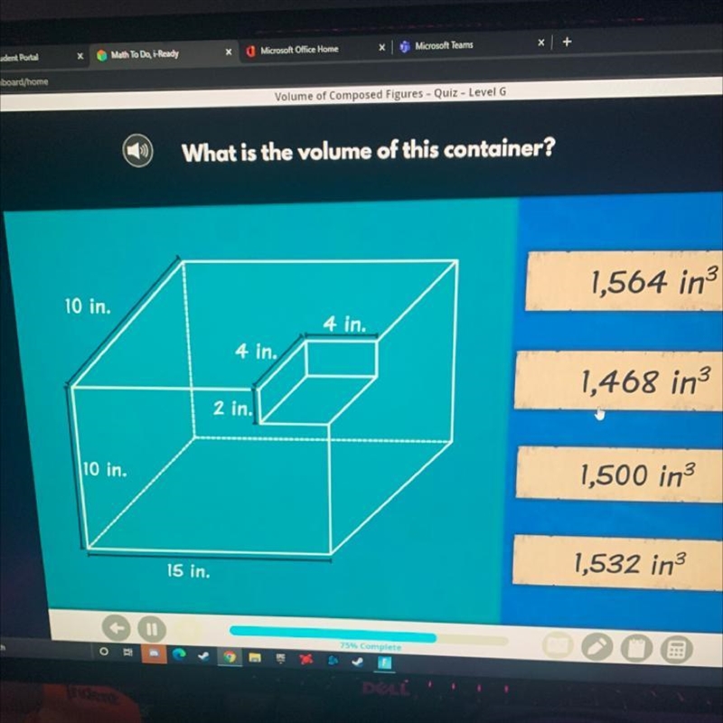 HELP PLS What is the volume of this container? 1,564 10 in. 4 in. 4 in. 1,468 2 in-example-1