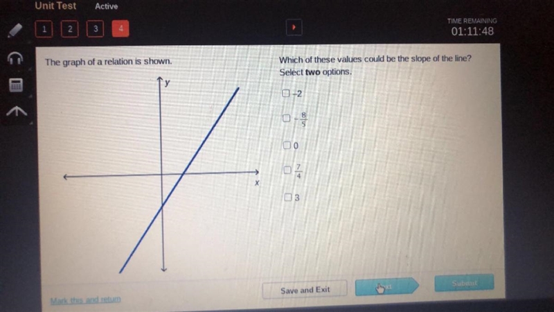 Which of these values could be the slope of the line? Select two options. -2 -8/5 0 7/4 3-example-1