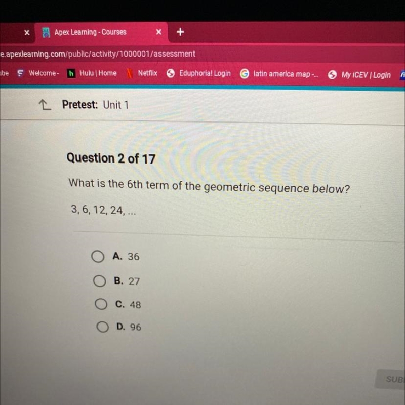 What is the 6th term of the geometric sequence? 3,6, 12, 24, ... A. 36 B. 27 C. 48 O-example-1