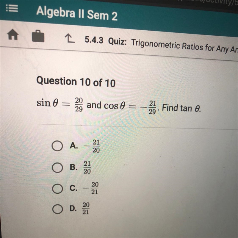 Sin 0 = and cose 2. Find tan 8. O A. - O B. O C. -2 O D. D-example-1