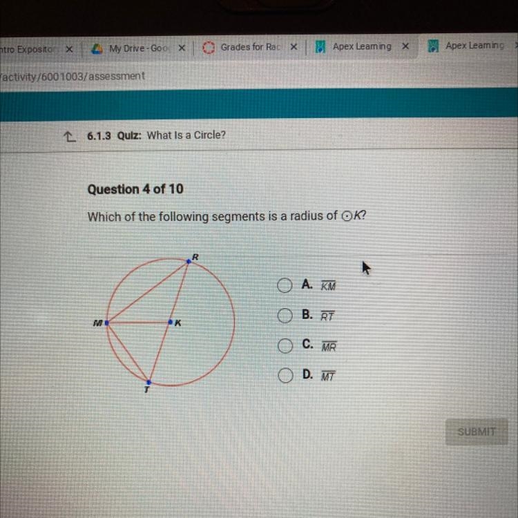 Which of the following segments is a radius of OK?-example-1