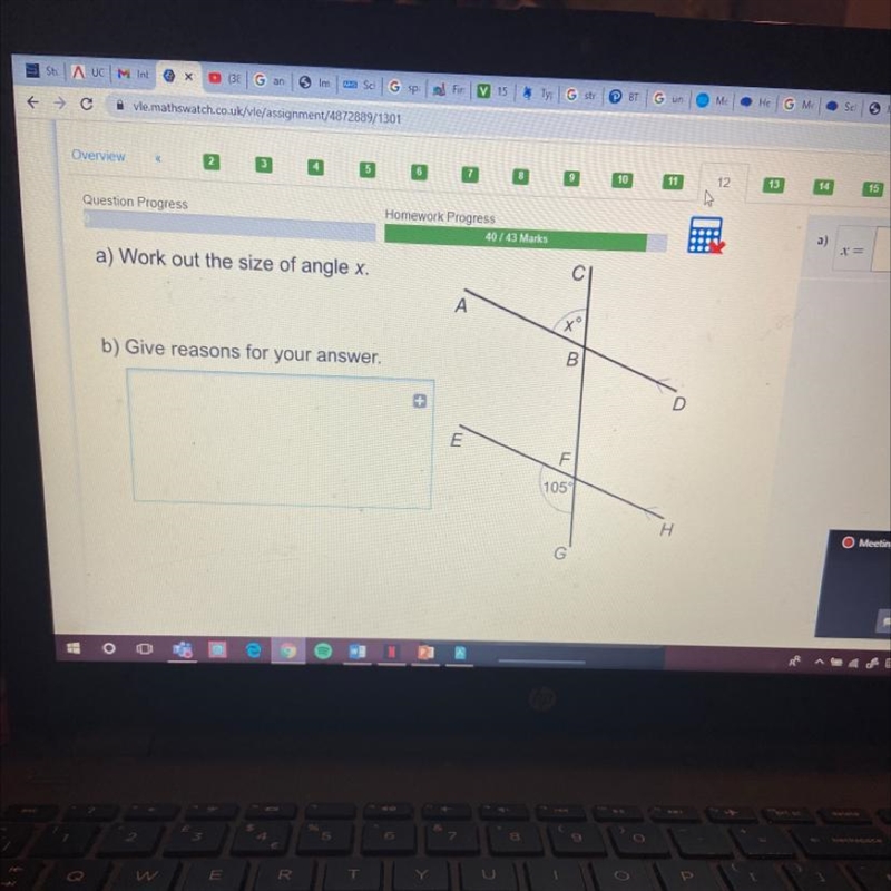 A) Work out the size of angle x. C A to b) Give reasons for your answer. В B. E F-example-1