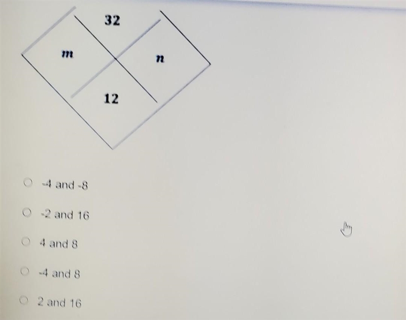 The Diamond Rule says two factors, m and n, must multiply to get to the top number-example-1