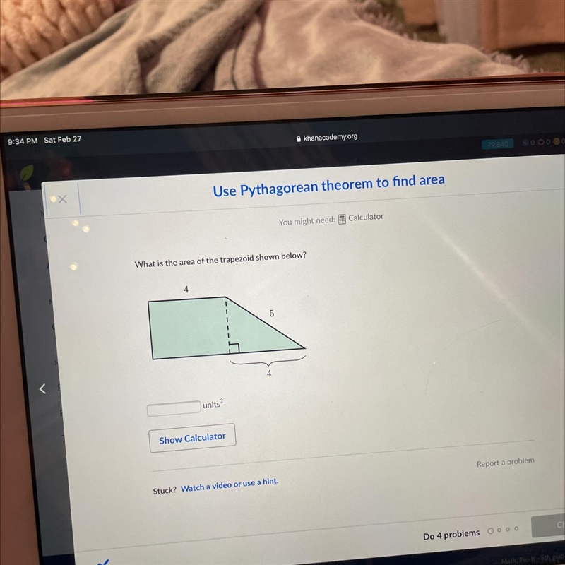 What is the area of the trapezoid shown below? units2-example-1