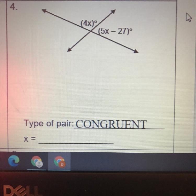 (4x) (5x - 270° Type of pair: CONGRUENT X =-example-1