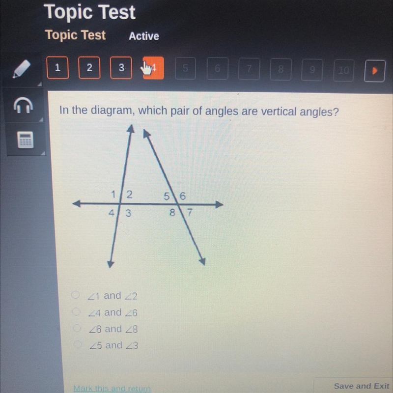 In the diagram, which pair of angles are vertical angles? •<1 and <2 •<4 and-example-1