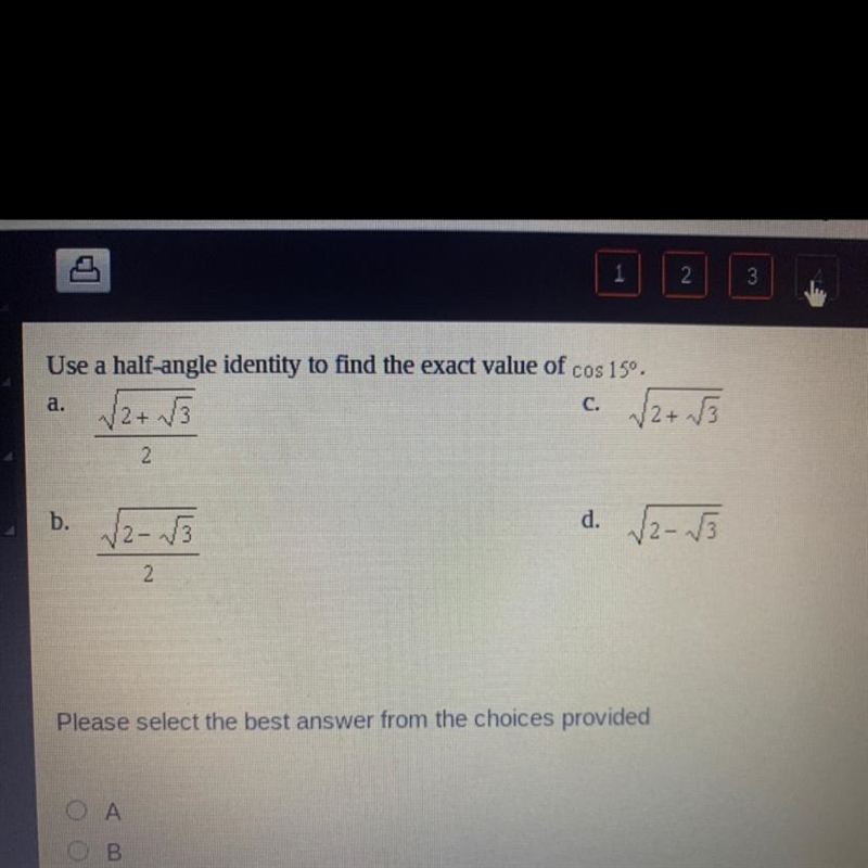 Use a half-angle identity to find the exact value of cos 15º.-example-1