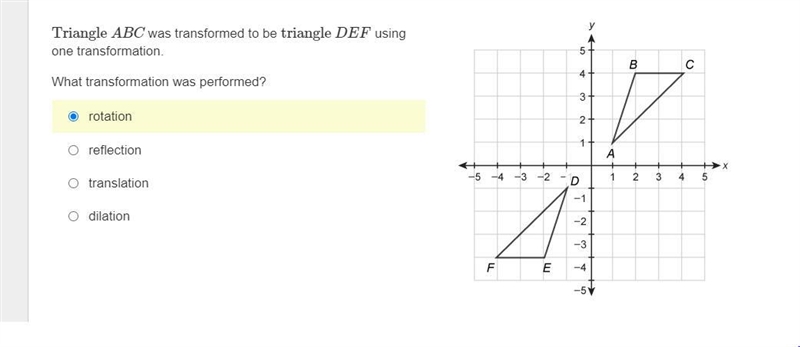 Triangle ABC was transformed to be triangle DEF using one transformation. What transformation-example-1