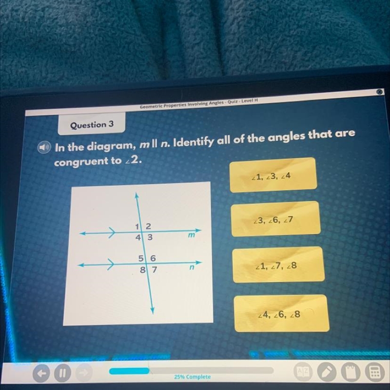 In the diagram, mll n. Identify all of the angles that are congruent to <2.-example-1