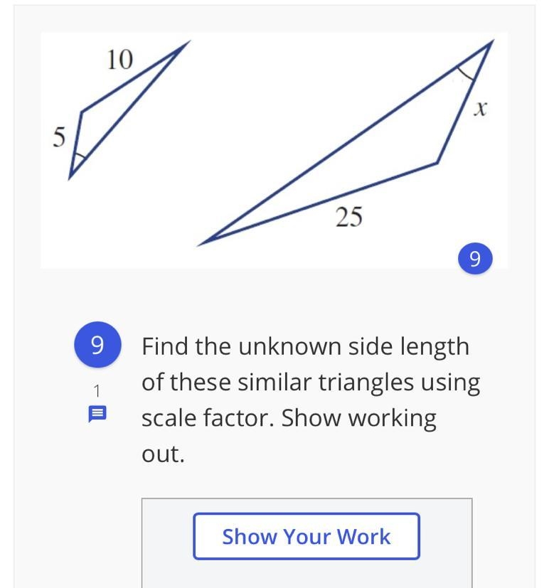 Find the unknown side length of these similar triangles using scale factor. Show working-example-1