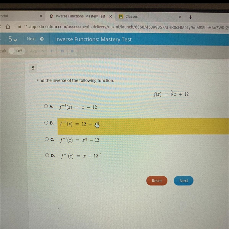 Find the inverse of the following function. f(x) = + 12 OA (1) = x = 1 – 12 OB. (v-example-1