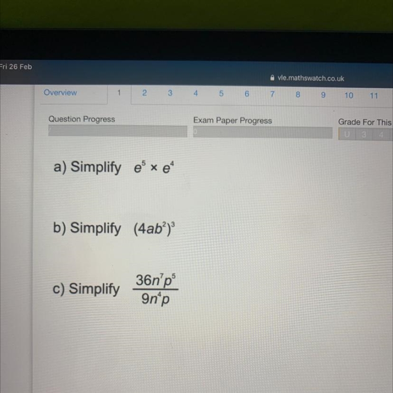 A) Simplify e® * e^ b) Simplify (4ab) c) Simplify 36n'p 9np-example-1