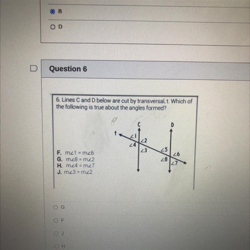 6. Lines C and D below are cut by transversal, t. Which of the following is true about-example-1