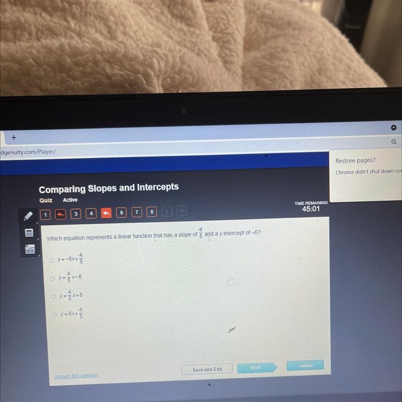 Which equation represents a linear function that has a slope of g and a y-intercept-example-1