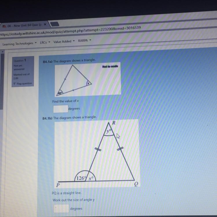 B4.1a) The diagram shows a triangle. Not to scale of stion Find the value of x degrees-example-1