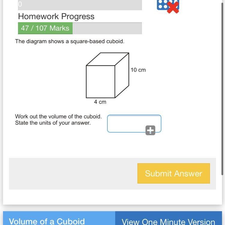 The diagram shows a square based cuboid. Work out the volume of the cuboid. State-example-1