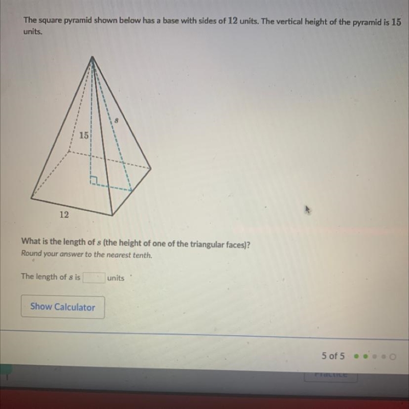 The square pyramid shown below has a base with sides of 12 units. The vertical height-example-1