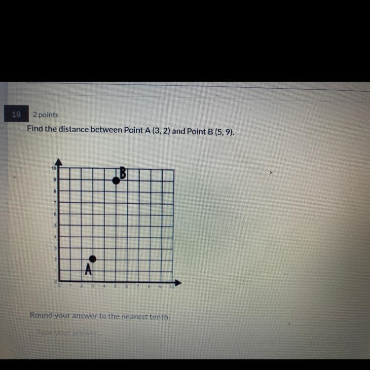 find the difference between point A (3,2) & point B (5,9) , then round the answer-example-1