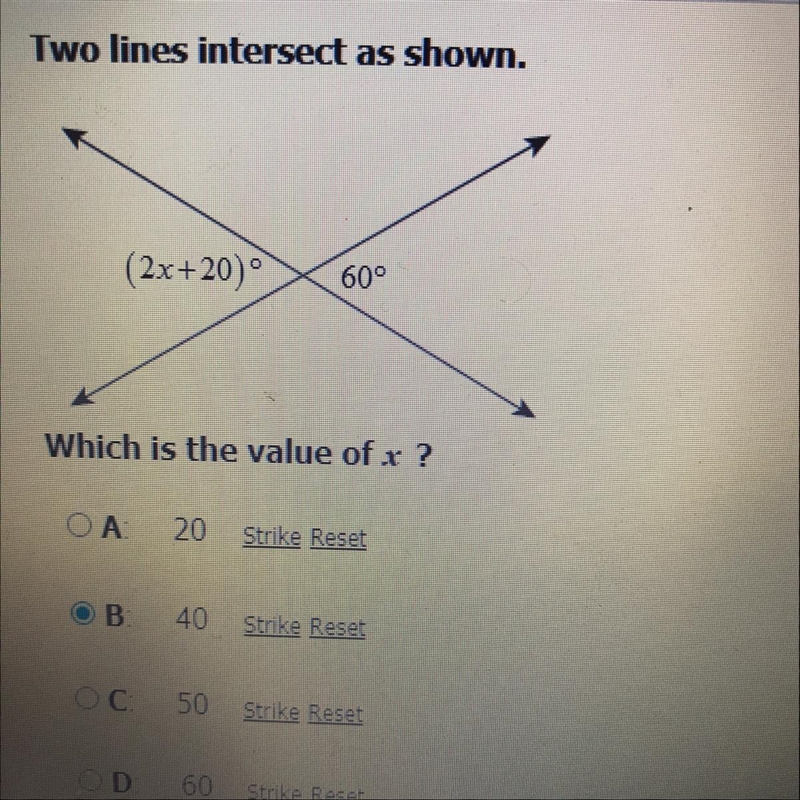 Two lines intersect as shown. (2x+20) • 609 Which is the value of x ?-example-1