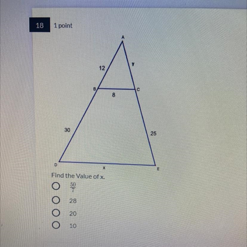 Find the value of X. A. 50/7 B. 28 C. 20 D. 10-example-1