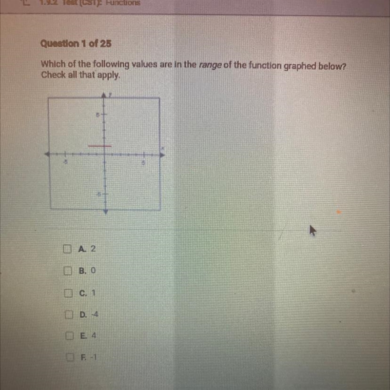 Which of the following values are in the range of the function graphed below? Check-example-1