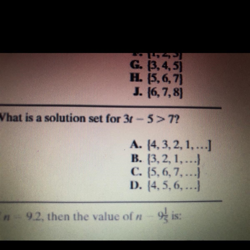 What is a solution set for 3t-5>7?-example-1