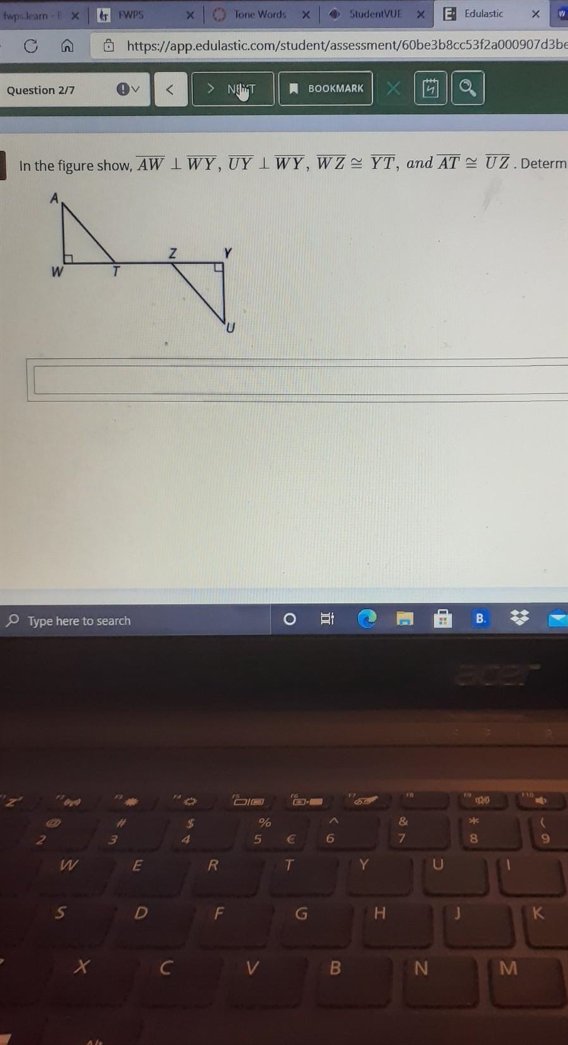 Determine whether Triangle AWT= UYZ. explain your reasoning ​-example-1