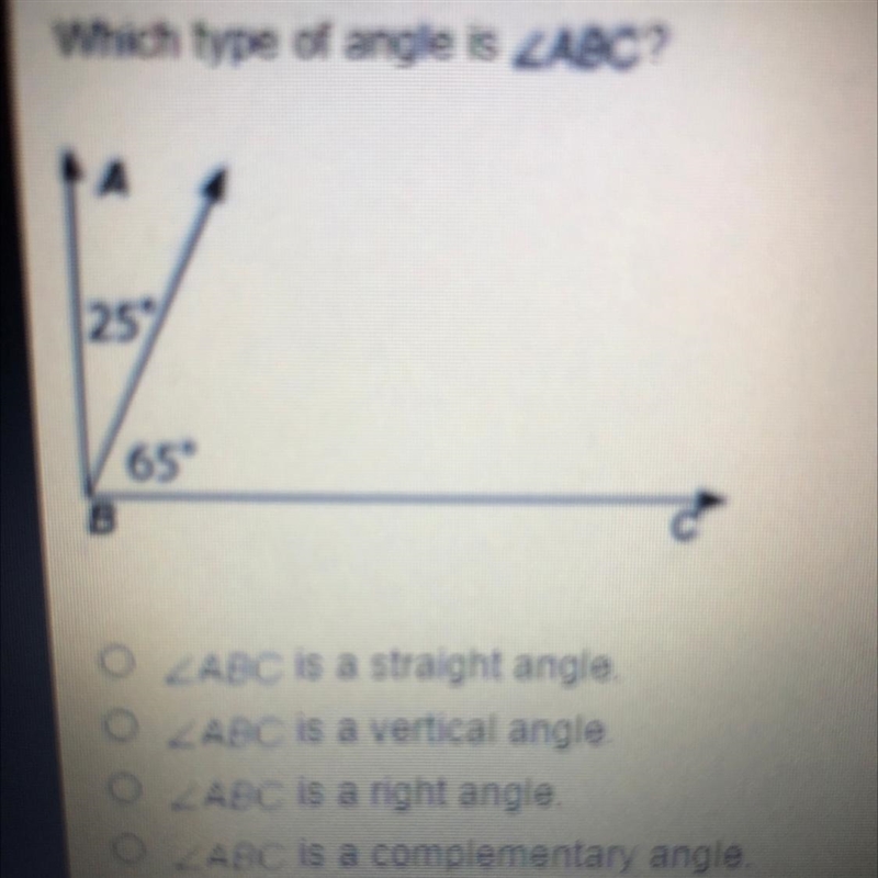 Which type of angle is ABC ABC is a straight angle ABC is a vertical angle ABC is-example-1