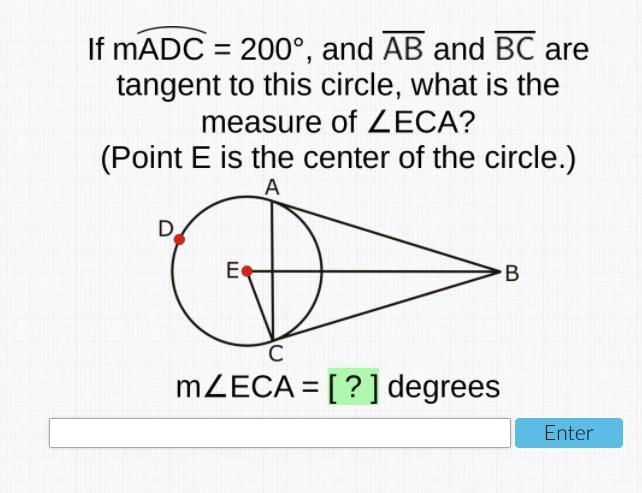 The measure of ADC is 200 degrees, and lines AB and BC are tangent to this circle-example-1