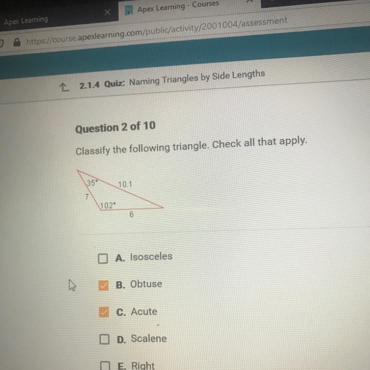 Classify the following triangle. Check all that apply.-example-1