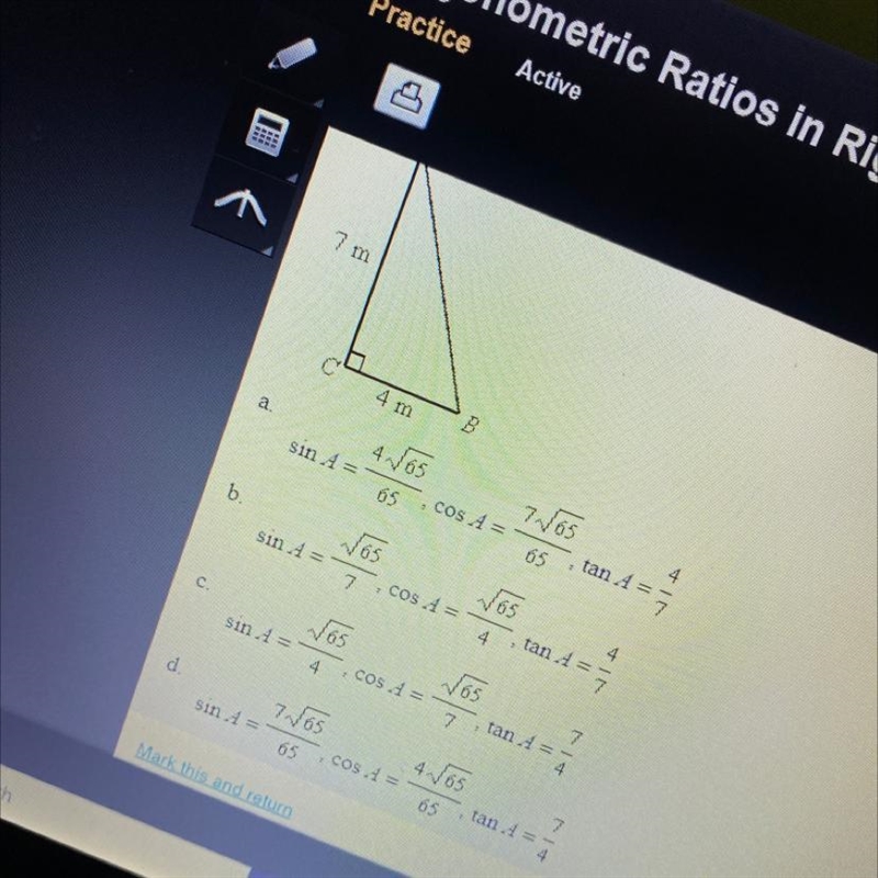 Find the values of the sine, cosine, and tangent for ZA. (TOP OF TRIANGLE IS (A))-example-1