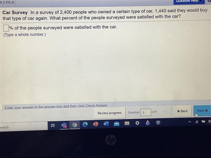 Car survey In a survey of 2400 people who owned a current type of car, 1440 said they-example-1