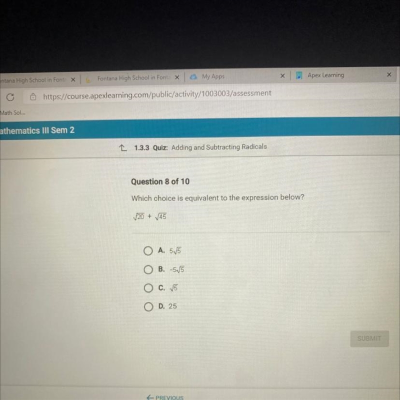 Which choice is equivalent to the expression below? √20 + √45-example-1