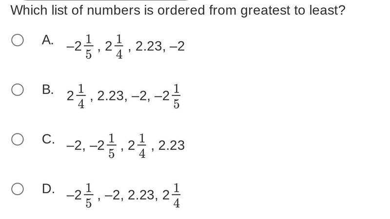 Pls help!!! Which list of numbers is ordered from greatest to least?-example-1