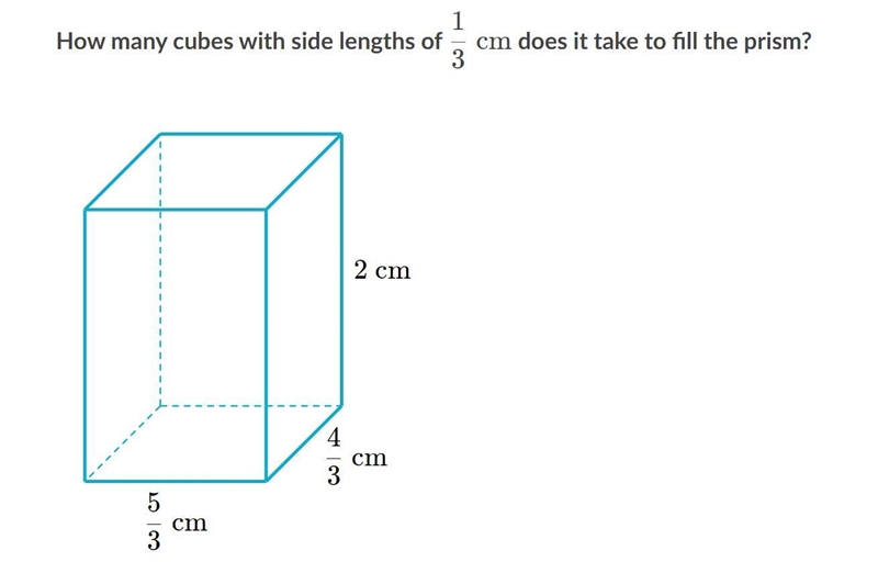 How many cubes with side length of 1/3cm does it take to fill the prism l=2 w=4/3 h-example-1