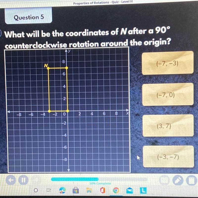 What will be the coordinates of N after a 90° counterclockwise rotation around the-example-1