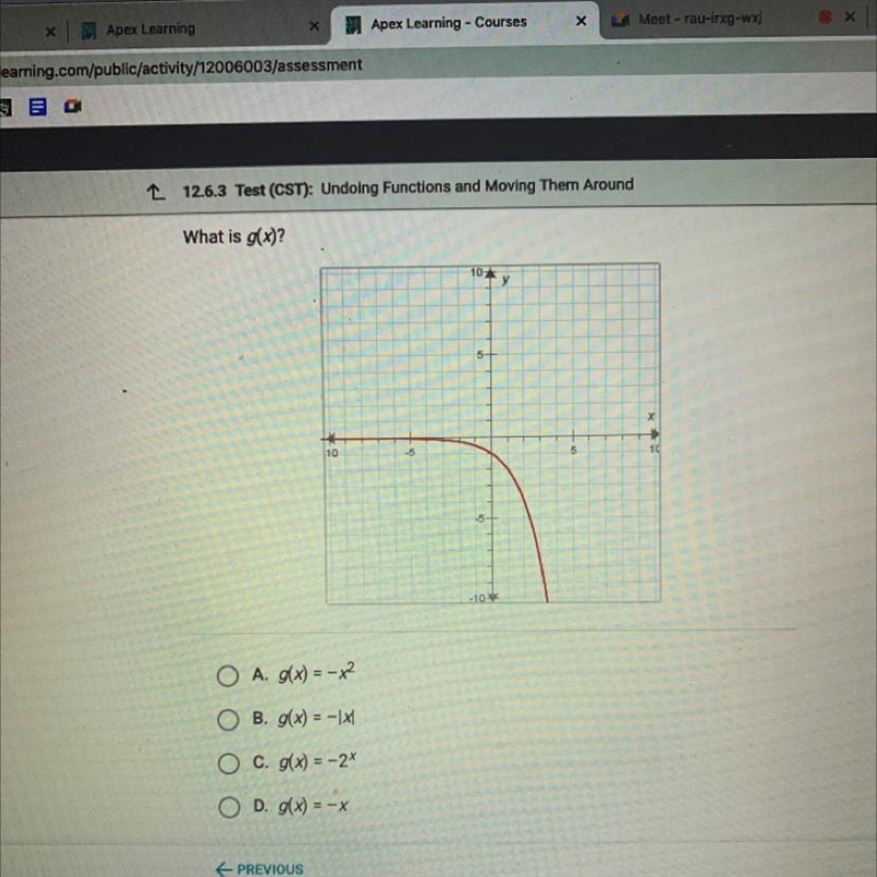 PLS HELP!! URGENT!!! what is g(x)? a- g(x)=-x^2 b- g(x)=-lxl c- g(x)=-2^x d- g(x)=-x-example-1