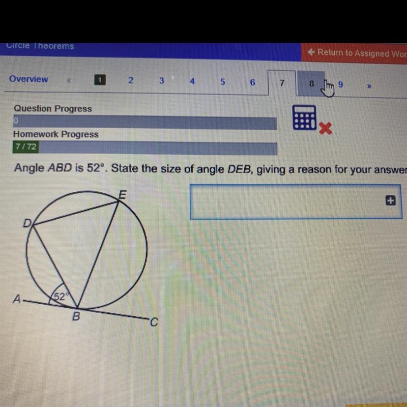 Angle ABD is 52°. State the size of angle DEB, giving a reason for your answer.-example-1