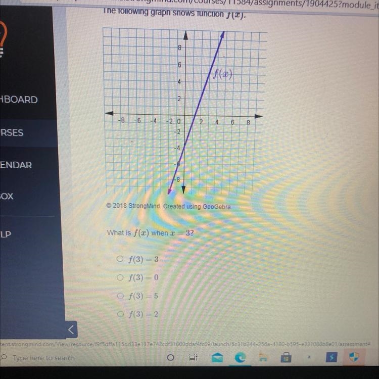 The following graph shows function f(x). What is f(x) when x=3-example-1