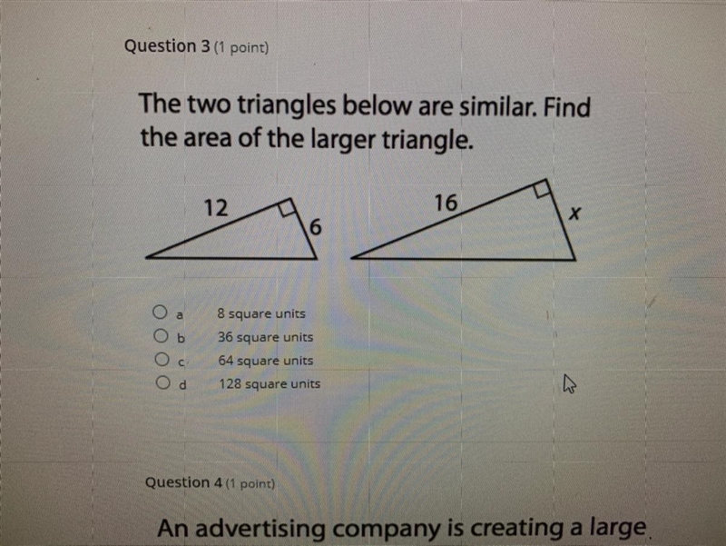 The two triangles below are similar. Find the area of the larger triangle.-example-1